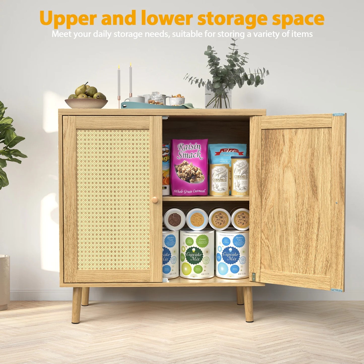JOZ Wooden Sideboard Buffet Cabinet with Storage, Rattan Door and Solid Wood Feet, for Kitchen, Hallway, Entry and Living Room, Natural