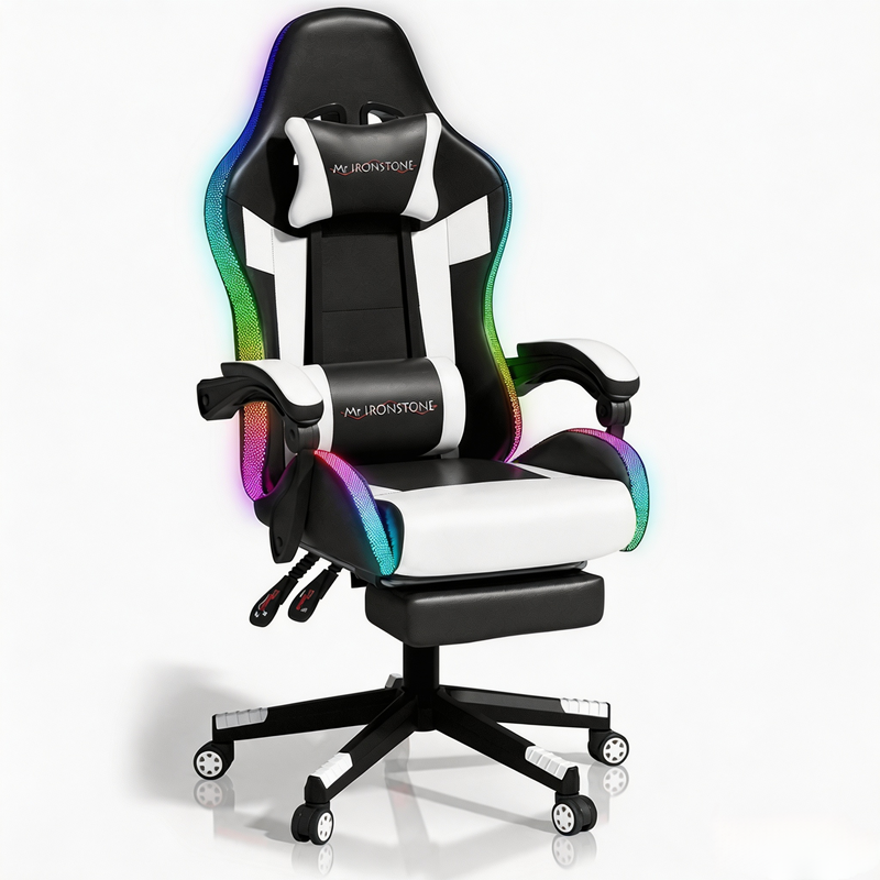 Mr IRONSTONE RGB Gaming Chair with Footrest, White and Black Ergonomic Computer Desk Chair with LED Lights and Linkage Armrests