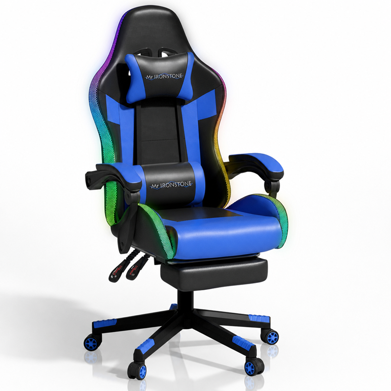 Mr IRONSTONE LED Gaming Chair with Retractable Footrest, Ergonomic Esports PC Desk Chair with RGB Lights and Lumbar Support, Blue