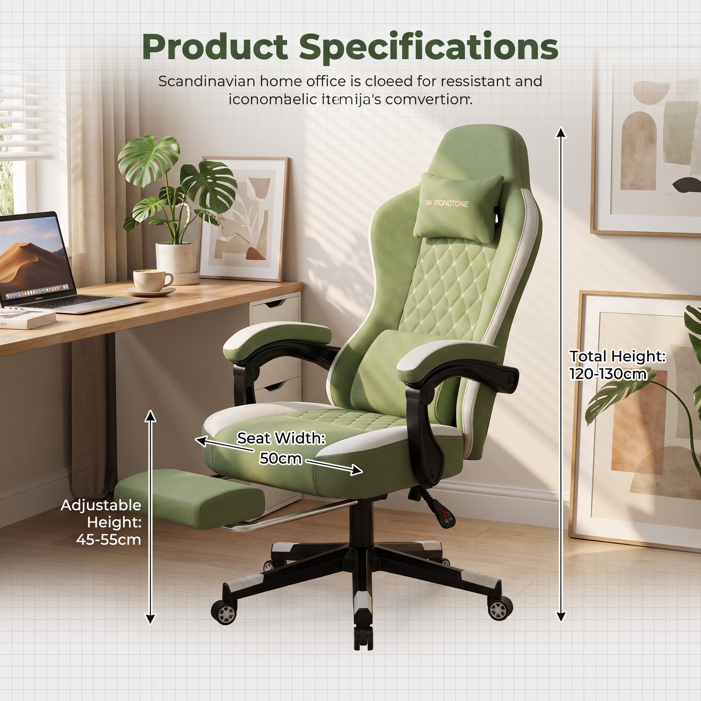 Mr IRONSTONE Heated and Ventilated Fabric Gaming Chair, High Back PC Desk Chair with Massage Lumbar Support and Deep Seat, Green