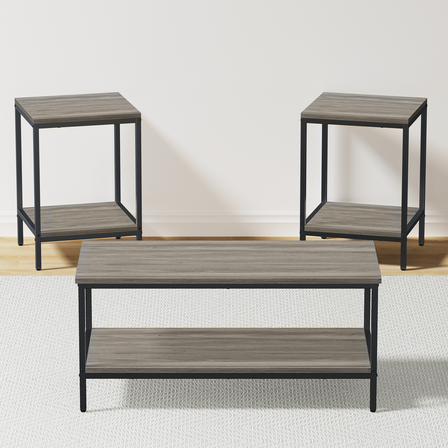 JOZ 3-Piece Coffee and End Table Set: Rustic Rock Gray Elegance with Sturdy Metal Frames