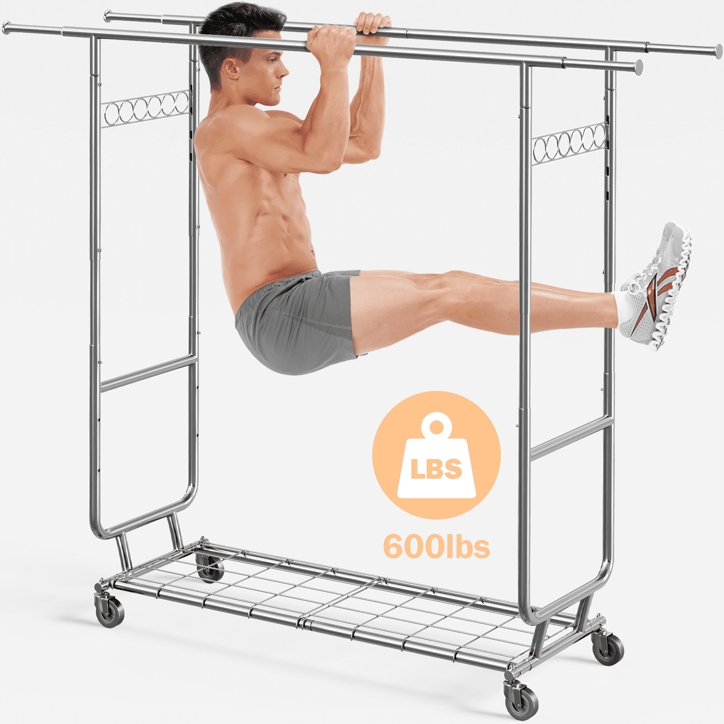 Mr IRONSTONE 600 lbs Commercial Grade Heavy Duty Garment Rack with Shelves, Collapsible Clothing Rack on Wheels, Portable and Adjustable, Chrome Finish