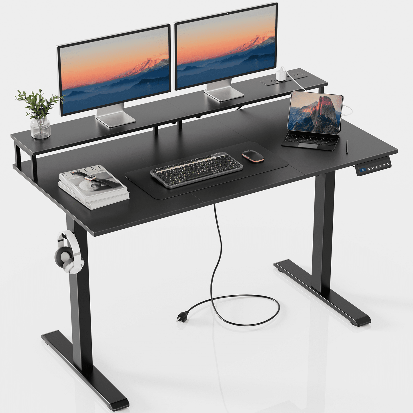 JOZ Electric Height Adjustable Standing Desk, 48 x 24 inches Sit-Stand Desk with Memory Preset and T-Shaped Metal Bracket - Black