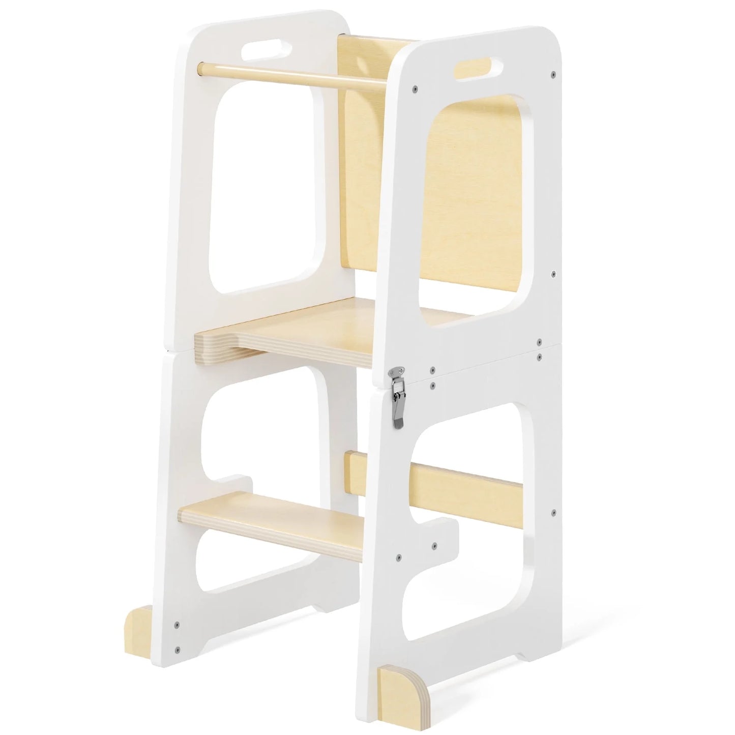 3-in-1 Toddler Kitchen Stool Helper – Foldable Kids Standing Tower with Chalkboard and Safety Rail, Wooden Step Stool for Bathroom, Counter, and Learning