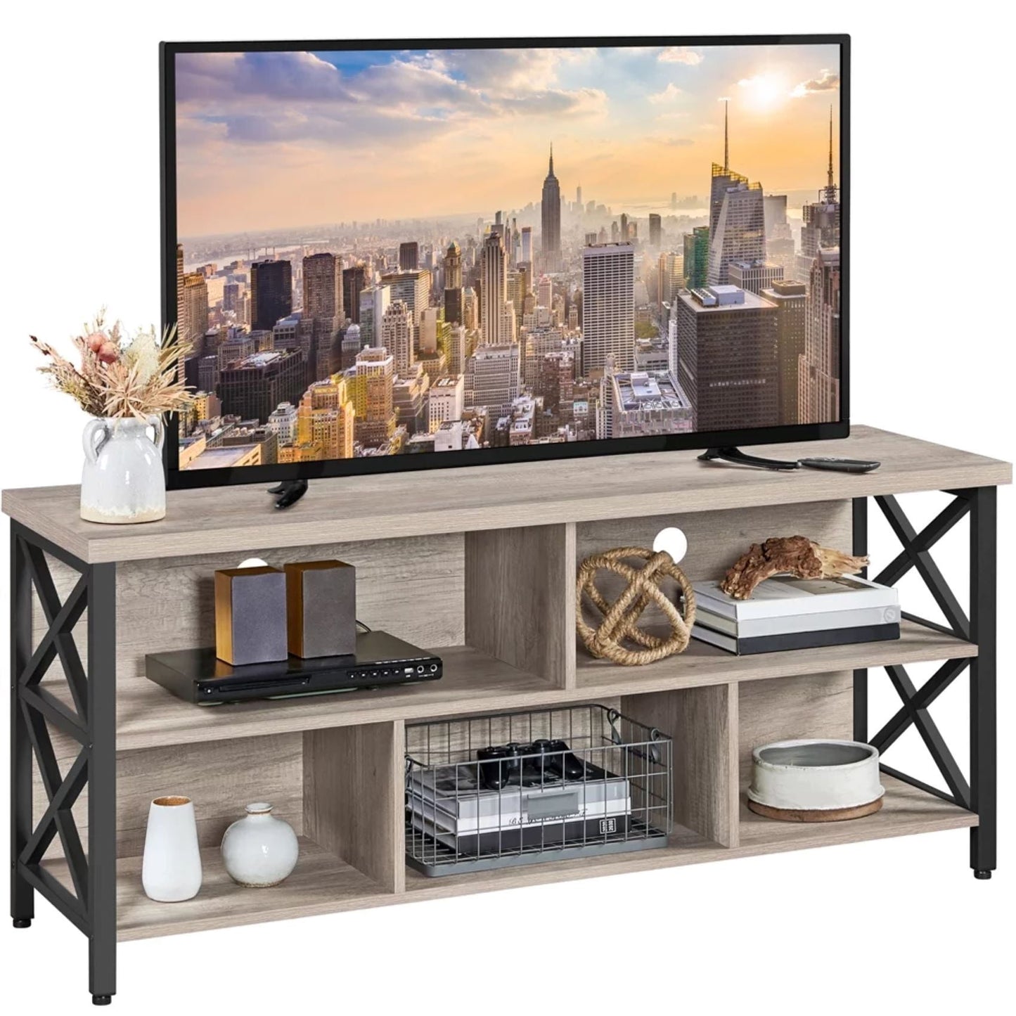 JOZ Modern Industrial TV Stand for TVs up to 65 inch with Storage, Rock Gray