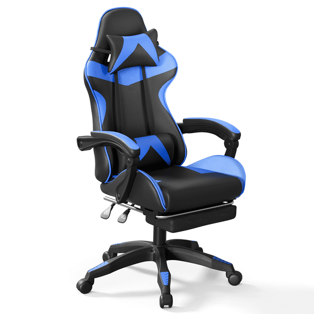 JOZ Office Gaming Chair with Footrest & Lumbar Support, Ergonomic Adjustable Computer Chair with Swivel Seat & Headrest, Blue