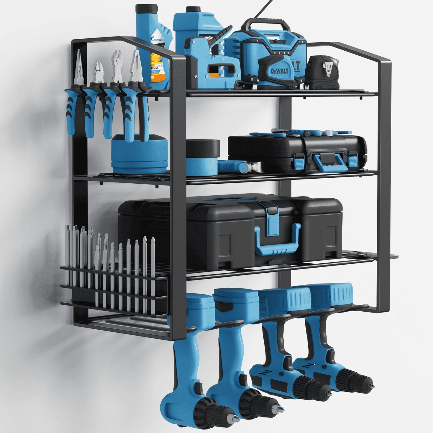 JOZ Power Tool Organizer Rack Wall Mounted, 4 Layers Storage Rack with 4 Drill Holders, Heavy Duty Metal Floating Tool Shelf, for Workshop or Garage