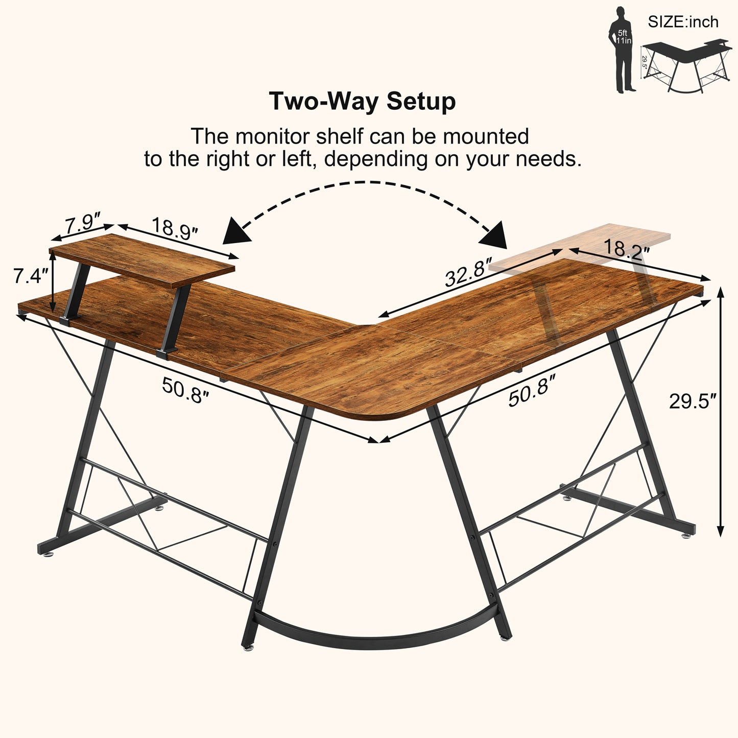 Mr IRONSTONE L-Shaped Desk 50.8" Computer Corner Desk, Home Gaming Desk, Office Writing Workstation with Large Monitor Stand, Space-Saving, Easy to Assemble, (Vintage)