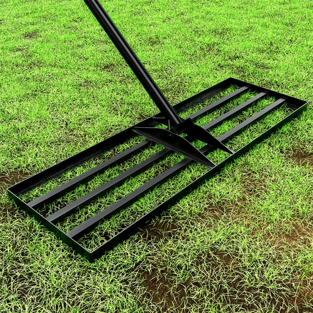 Mr IRONSTONE 30" x 10" Stainless Steel Lawn Leveler Tool with 77 inch Handle, Grass & Sand Gravel Leveler Rake, Black