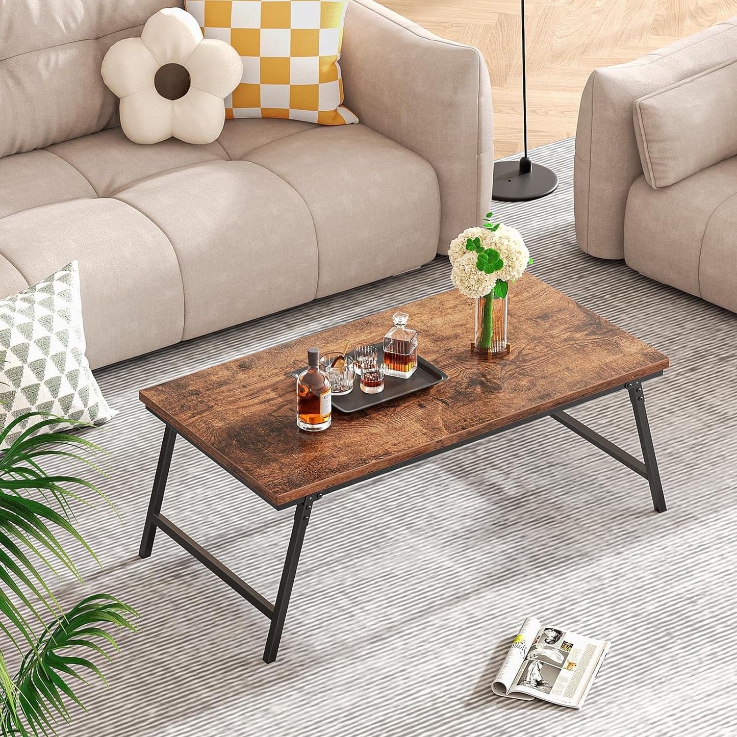 No Assembly Folding Coffee Table, Portable Low Coffee Table with Leg Latches & Magnetic Suction, Rustic Brown Floor Table for Living Room, Home, Office (41.34"¡Á21.65"¡Á15.75")