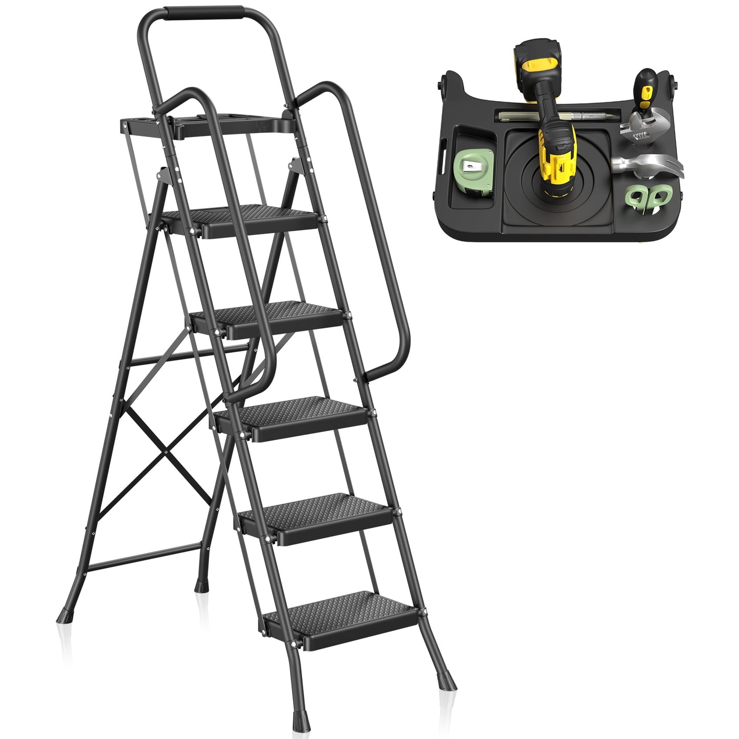 JOZ Folding 5-Step Ladder, 350lbs, with Handrails and Tool Tray and Anti-Slip Pedal, Black