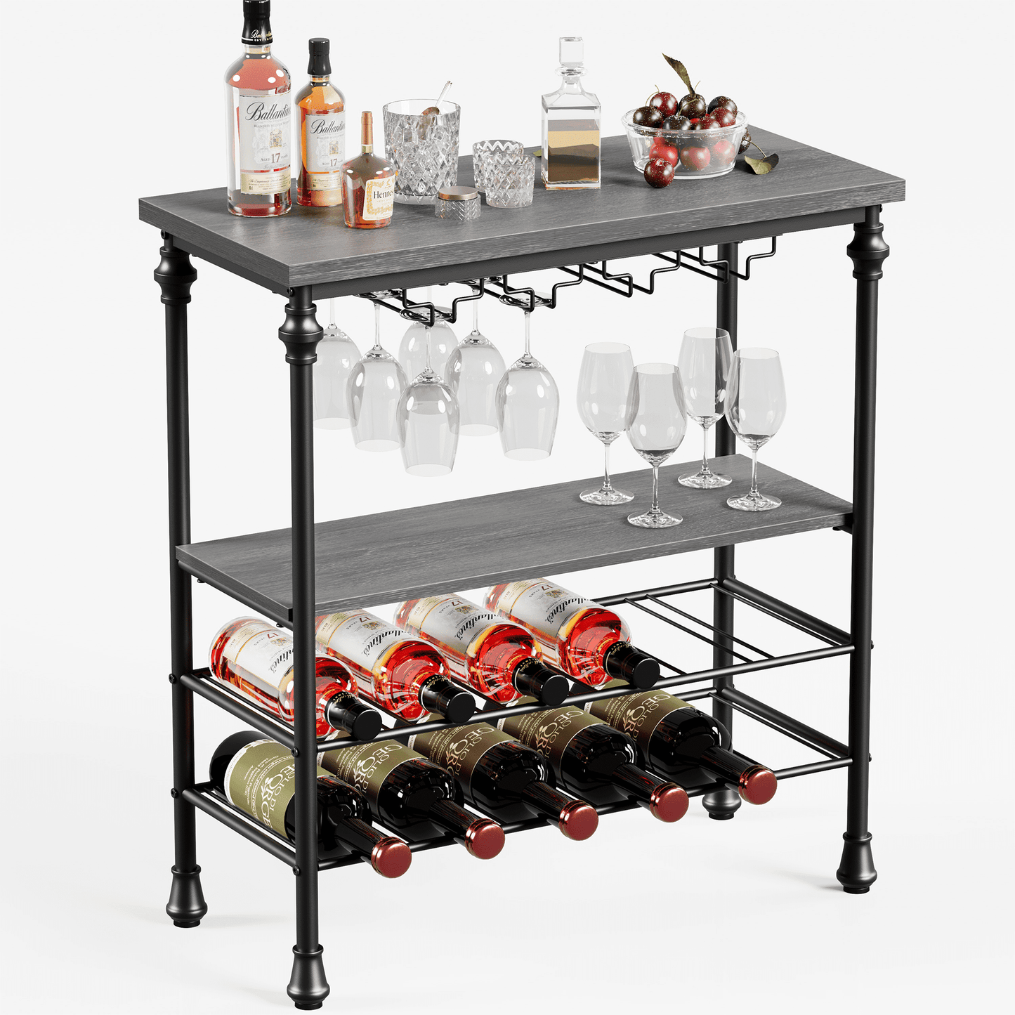 JOZ Freestanding Wine Bar Table: Industrial Wine Bar Cabinet with Floor Wine Rack and Glass Holder, Perfect for Kitchen or Dining Room