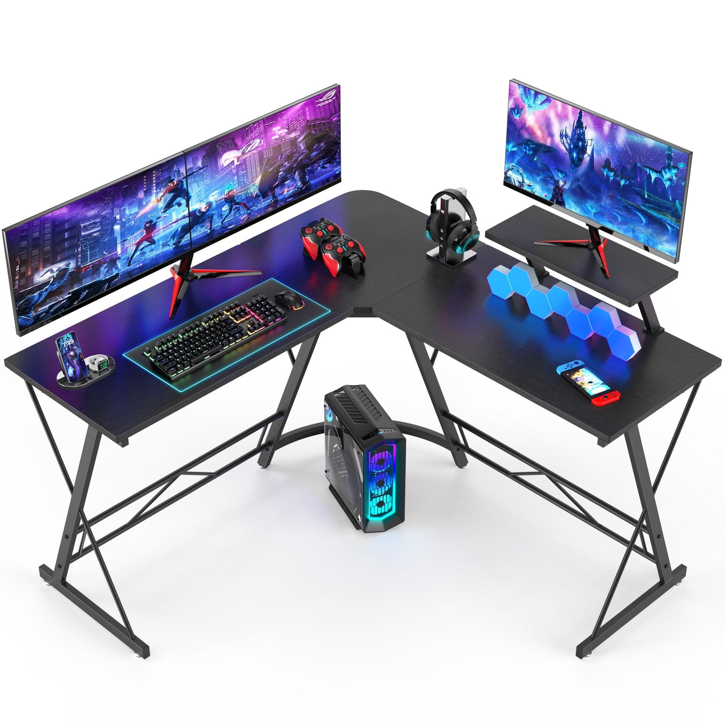 Mr IRONSTONE 51 inch L Shaped Gaming Desk Corner Computer Desk, Home Office Desks Writing Workstation with Large Monitor Stand, Black
