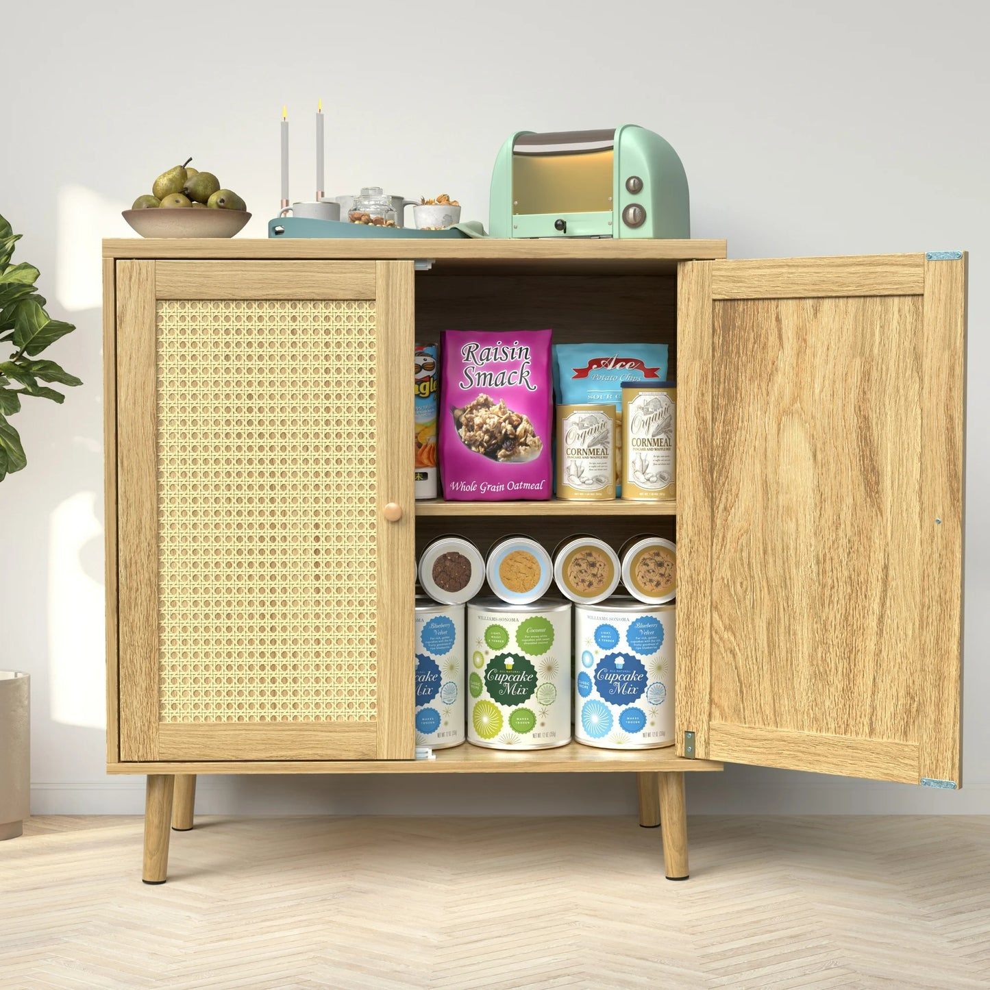 JOZ Wooden Sideboard Buffet Cabinet with Storage, Rattan Door and Solid Wood Feet, for Kitchen, Hallway, Entry and Living Room, Natural
