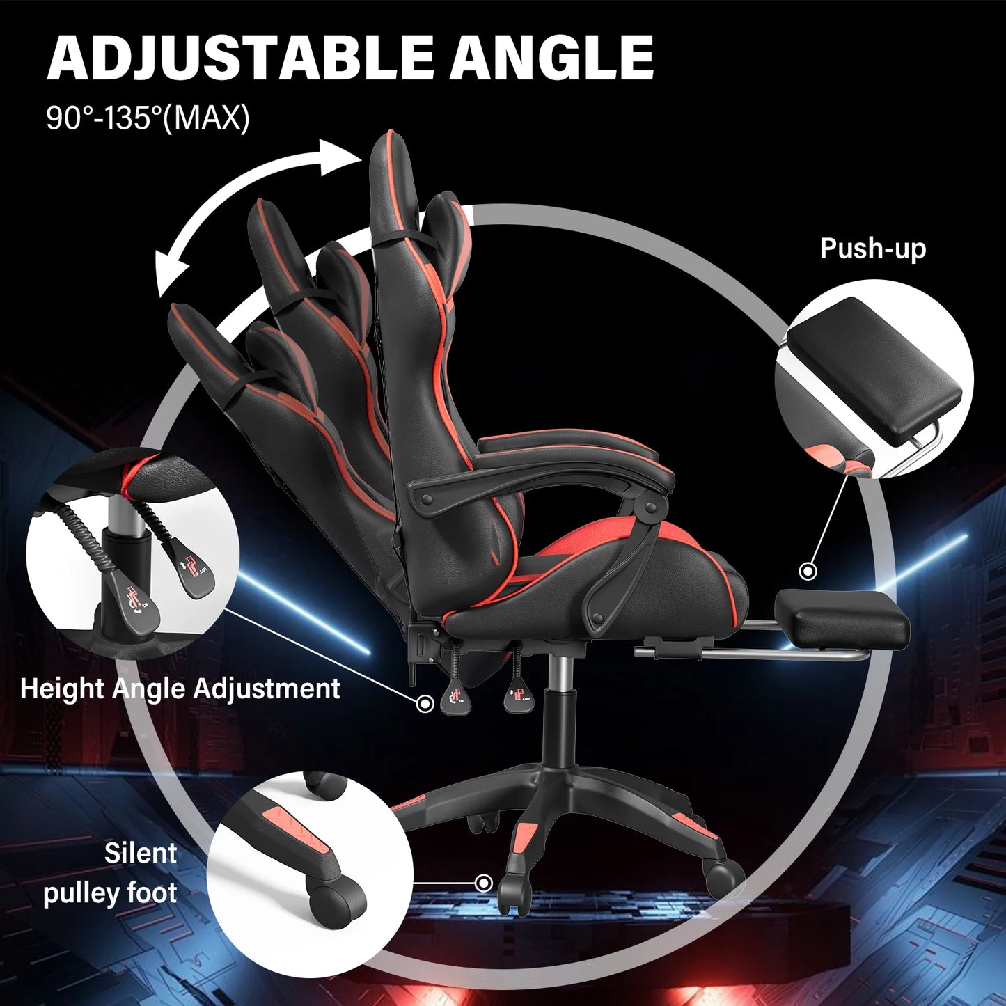 JOZ Office Gaming Chair with Footrest & Lumbar Support, Ergonomic Adjustable Computer Chair with Swivel Seat & Headrest, Red