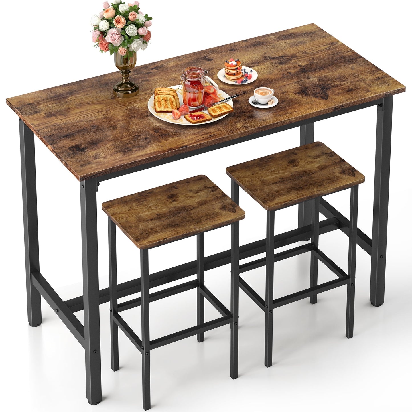 JOZ 3-Piece Bar Table Set with 2 Stools, 47.2¡± Rectangular Pub Table with Sturdy Metal Frame, Rustic Brown, Space-Saving Dining Set for Kitchen, Living Room, Small Space