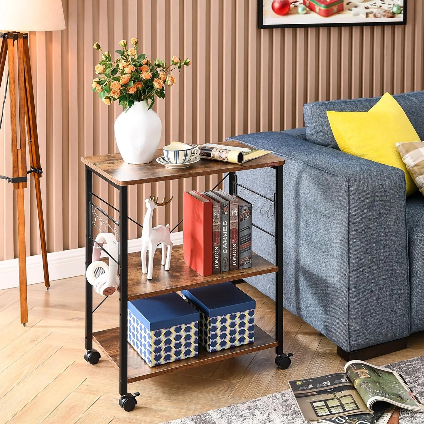 JOZ 3-Tier Kitchen Utility Serving Cart, Multifunction Microwave Oven Stand, Baker's Rack with Storage Shelf and 10 Hooks, Rustic Brown