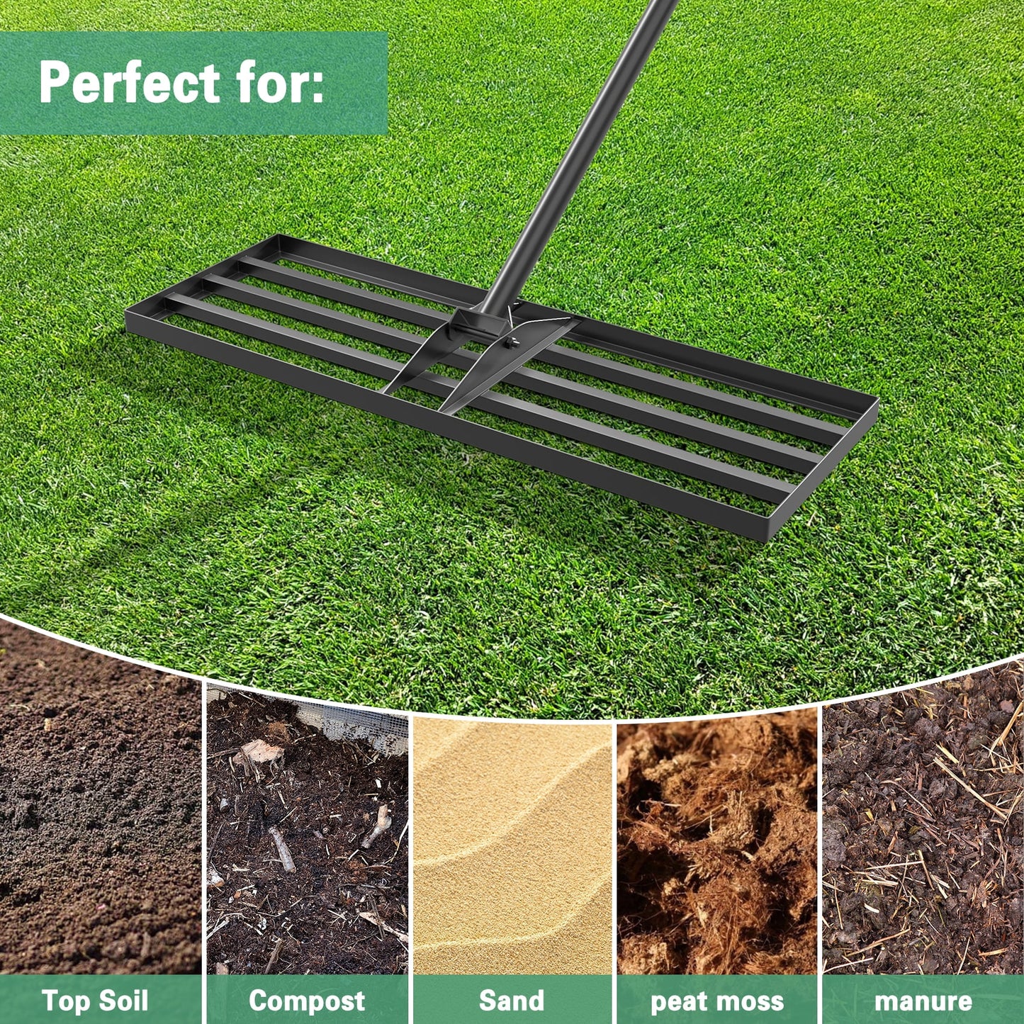 Mr IRONSTONE 30" x 10" Stainless Steel Lawn Leveler Tool with 77 inch Handle, Grass & Sand Gravel Leveler Rake, Black