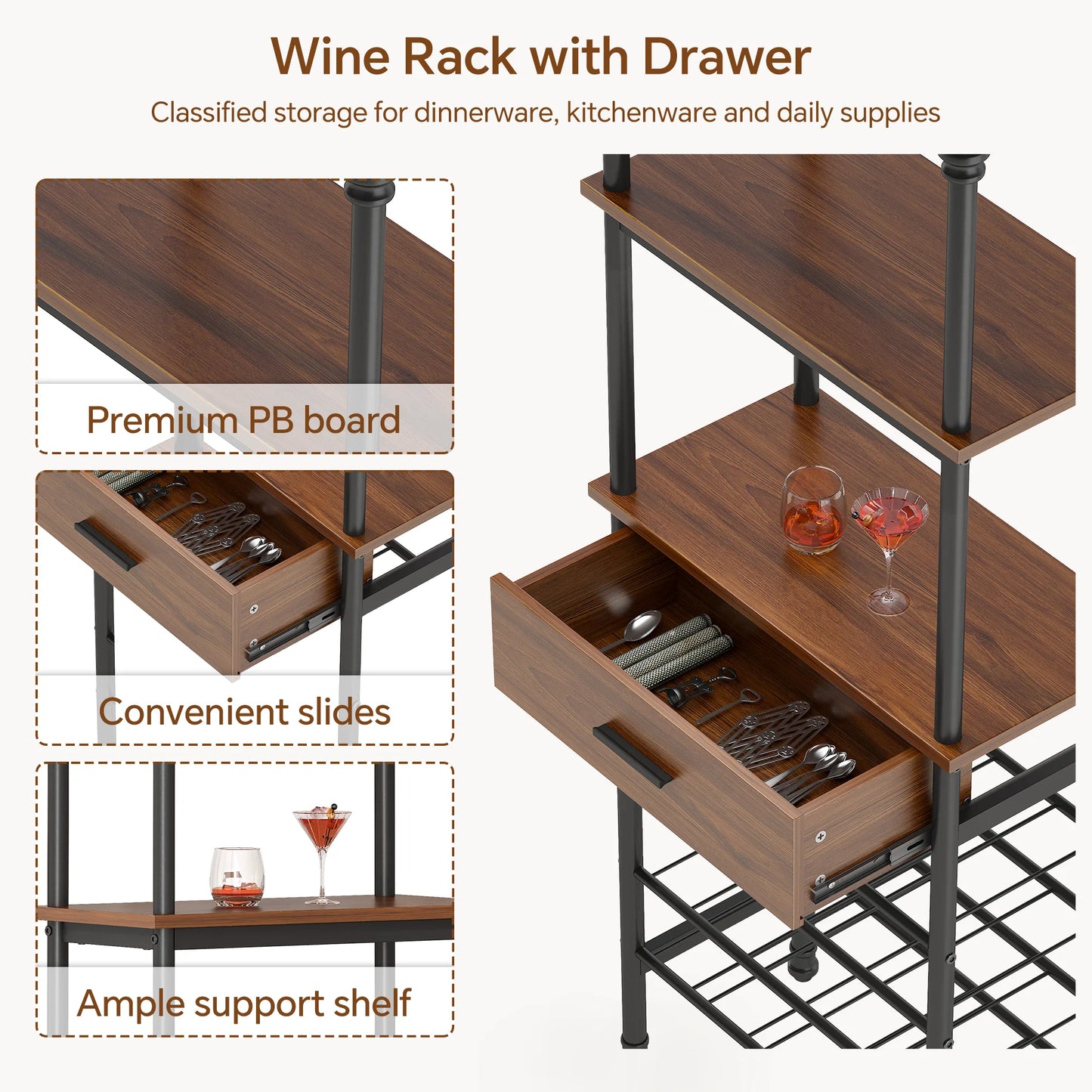JOZ 4-Tier Wine Rack Cabinet Freestanding Floor, with Tabletop, Glass Holder, Storage Drawer and Wine Storage, for Liquor and Glasses