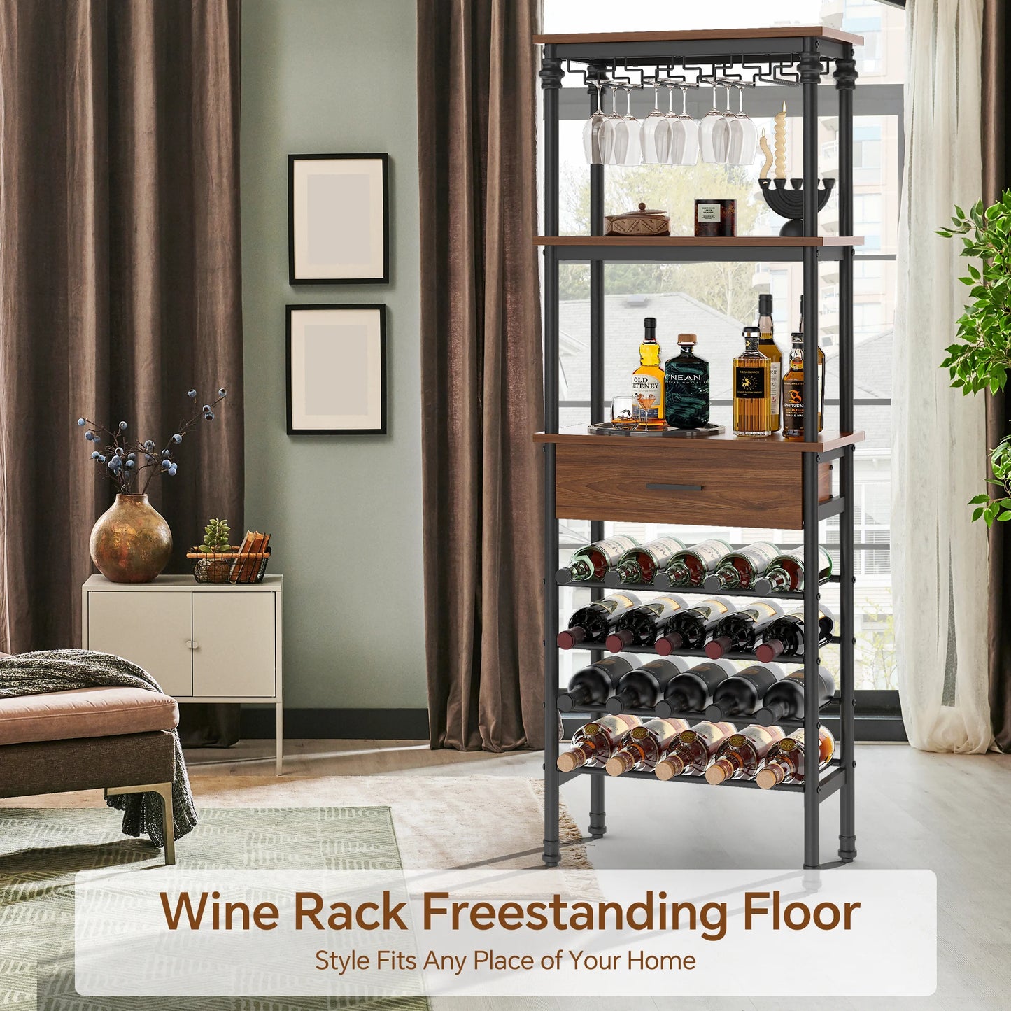 JOZ 4-Tier Wine Rack Cabinet Freestanding Floor, with Tabletop, Glass Holder, Storage Drawer and Wine Storage, for Liquor and Glasses