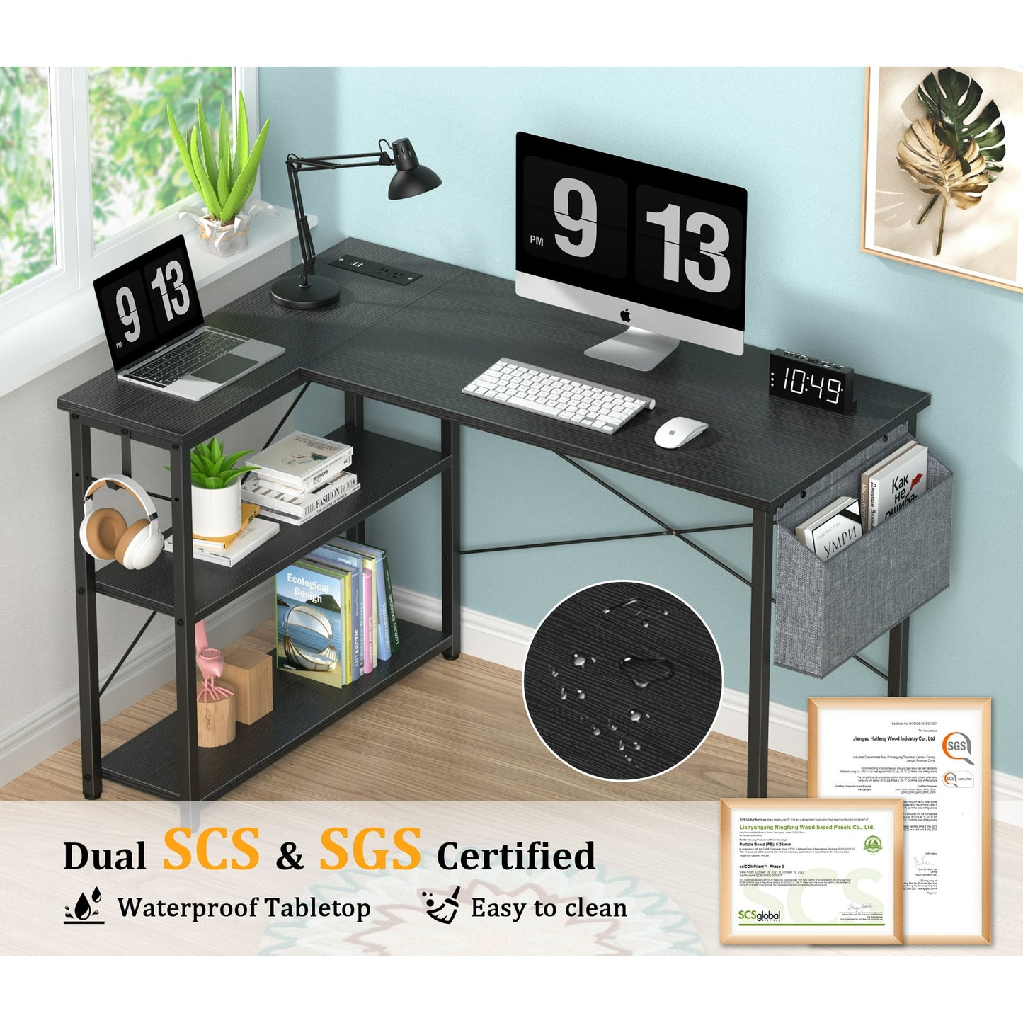 Mr IRONSTONE 47 inch L-Shaped Desk with Outlets & USB Ports, Reversible Corner Desk for Small Spaces, Home Office Desk with Storage Bag & Hook, Black