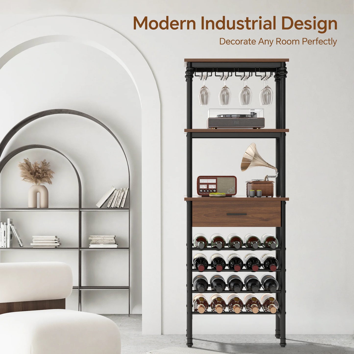JOZ 4-Tier Wine Rack Cabinet Freestanding Floor, with Tabletop, Glass Holder, Storage Drawer and Wine Storage, for Liquor and Glasses