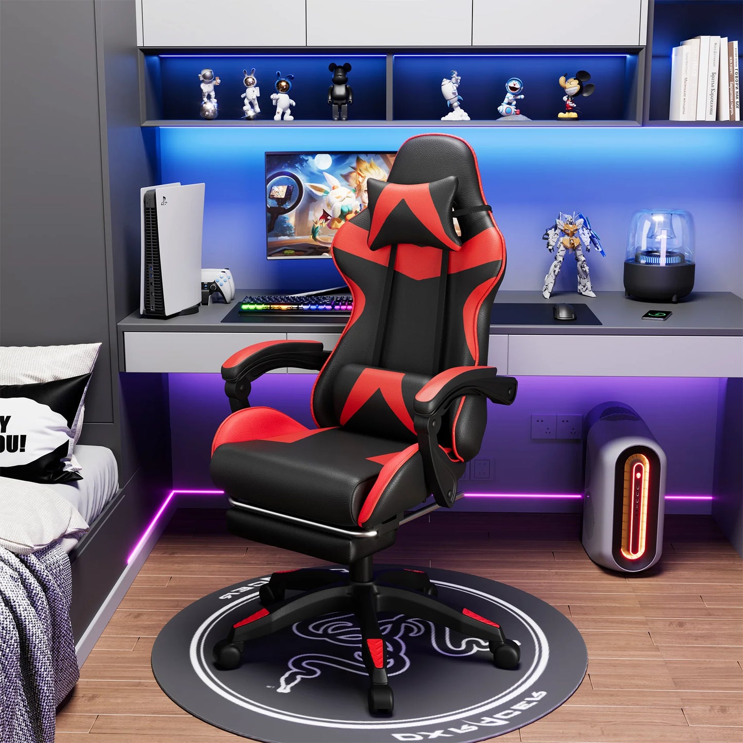 JOZ Office Gaming Chair with Footrest & Lumbar Support, Ergonomic Adjustable Computer Chair with Swivel Seat & Headrest, Red