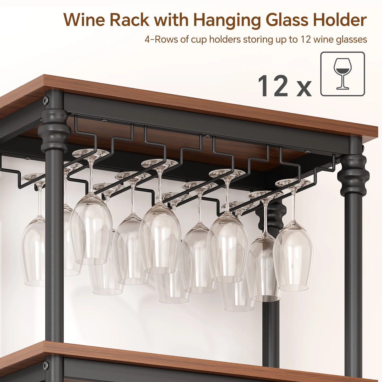 JOZ 4-Tier Wine Rack Cabinet Freestanding Floor, with Tabletop, Glass Holder, Storage Drawer and Wine Storage, for Liquor and Glasses