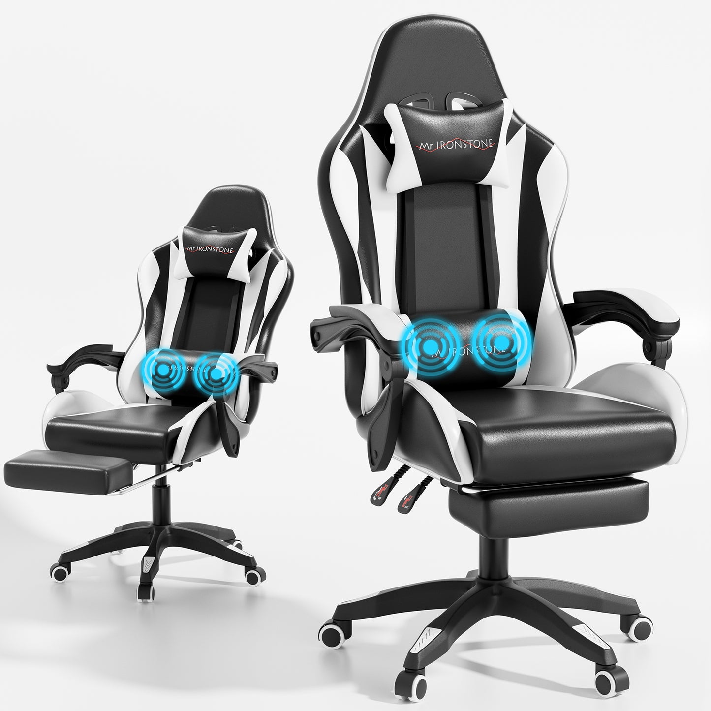 Mr IRONSTONE Ergonomic Gaming Chair with Massage Lumbar Support and Footrest, Heavy Duty 300LBS Computer Chair for Adults, Black/White