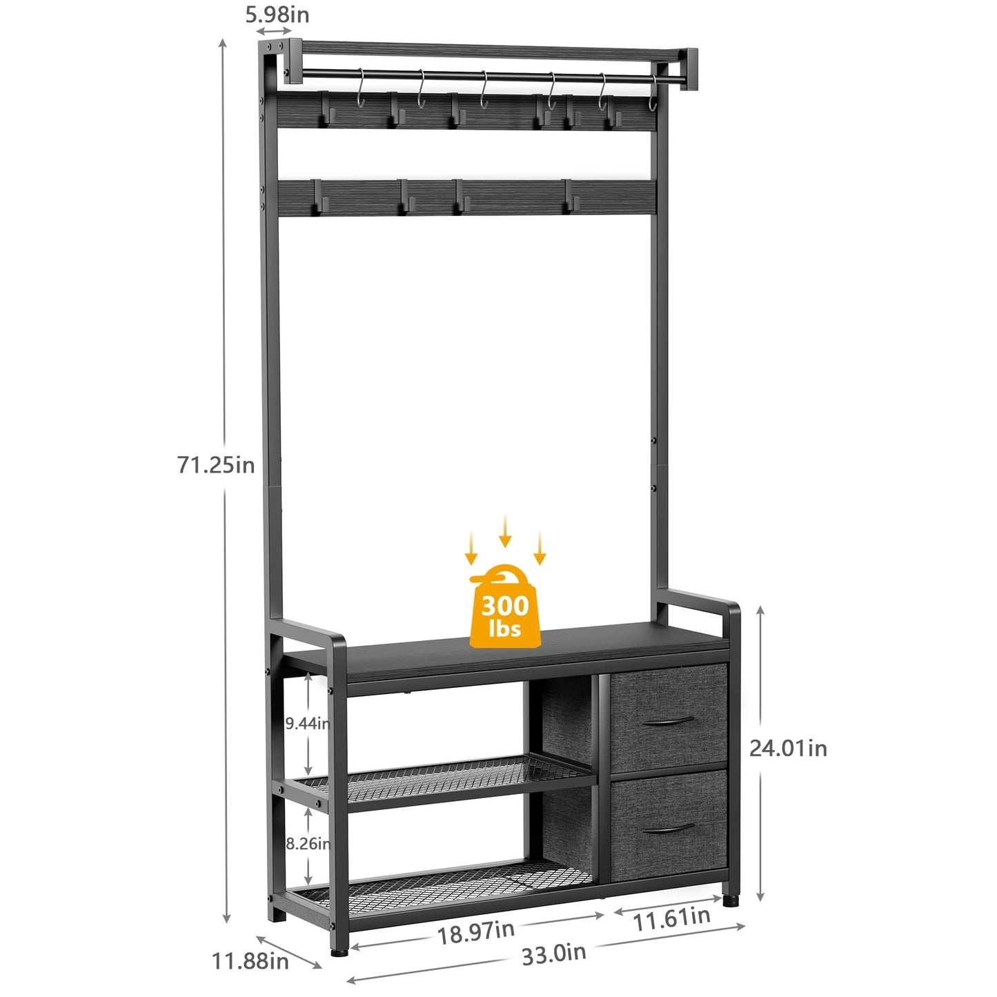JOZ Entryway Hall Tree with Shoe Bench 5-in-1 Coat Rack with Removable 18 Hooks and 2 Drawers, for Hallway , Living Room