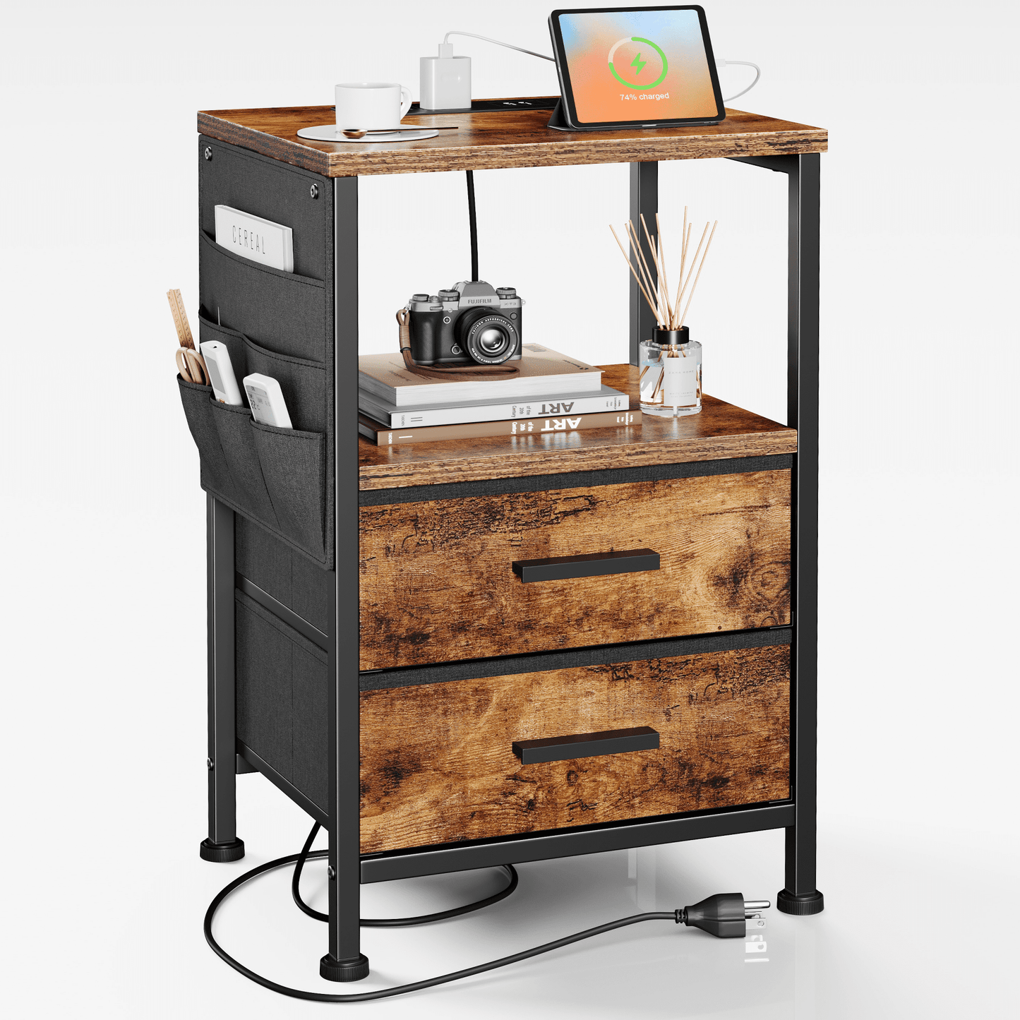 JOZ Nightstand with Charging Station, Bedside Table with Drawers, Storage Shelf & Side Pockets for Bedroom, Rustic Brown
