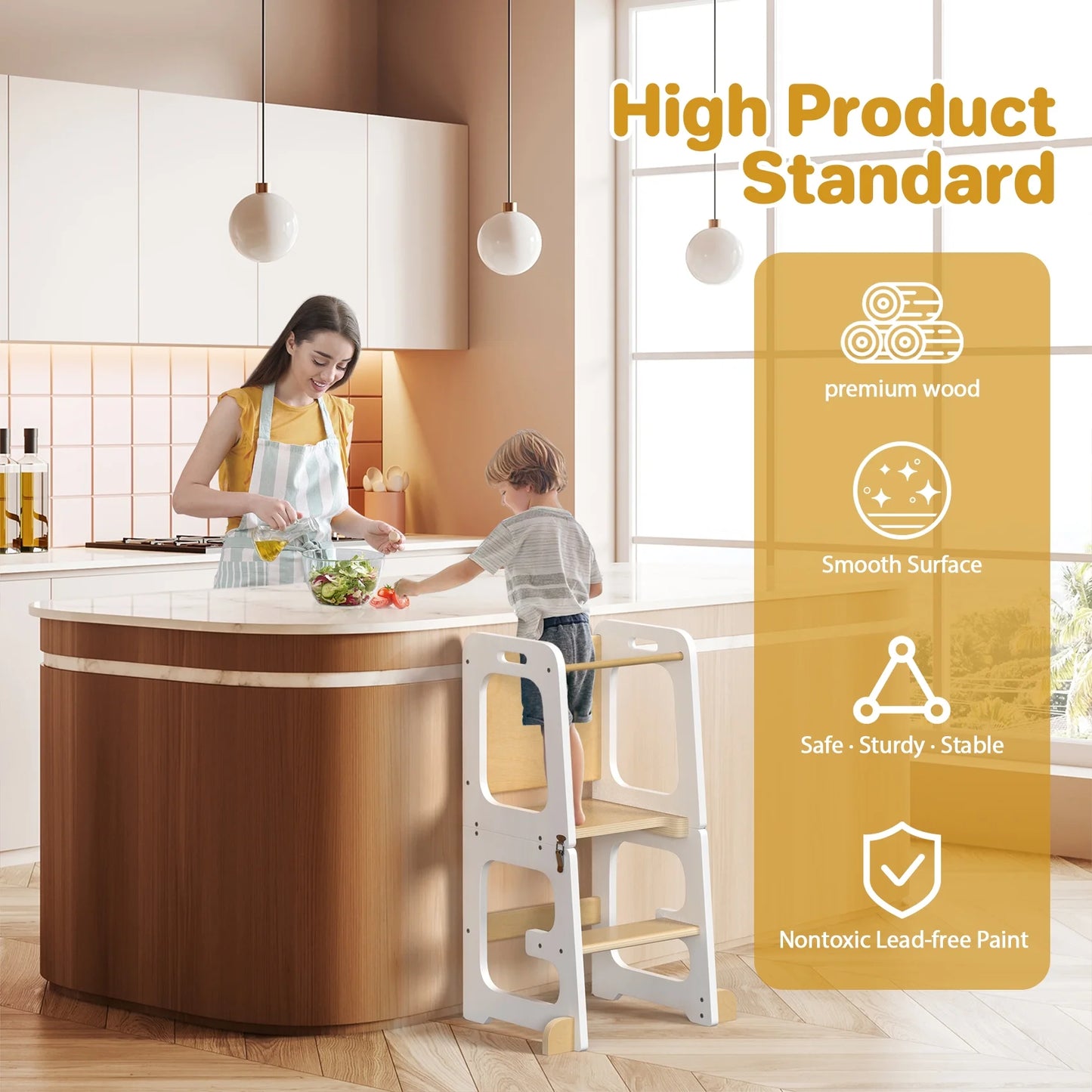 3-in-1 Toddler Kitchen Stool Helper – Foldable Kids Standing Tower with Chalkboard and Safety Rail, Wooden Step Stool for Bathroom, Counter, and Learning