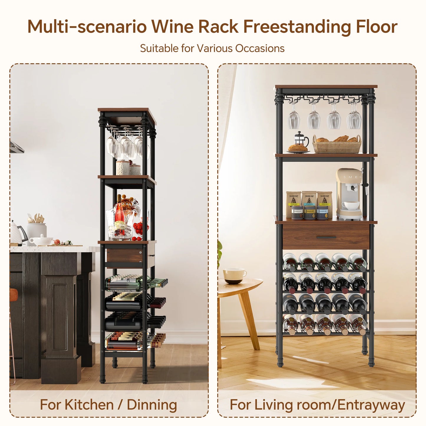 JOZ 4-Tier Wine Rack Cabinet Freestanding Floor, with Tabletop, Glass Holder, Storage Drawer and Wine Storage, for Liquor and Glasses
