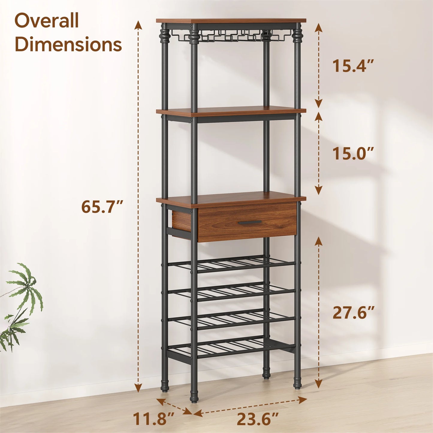 JOZ 4-Tier Wine Rack Cabinet Freestanding Floor, with Tabletop, Glass Holder, Storage Drawer and Wine Storage, for Liquor and Glasses