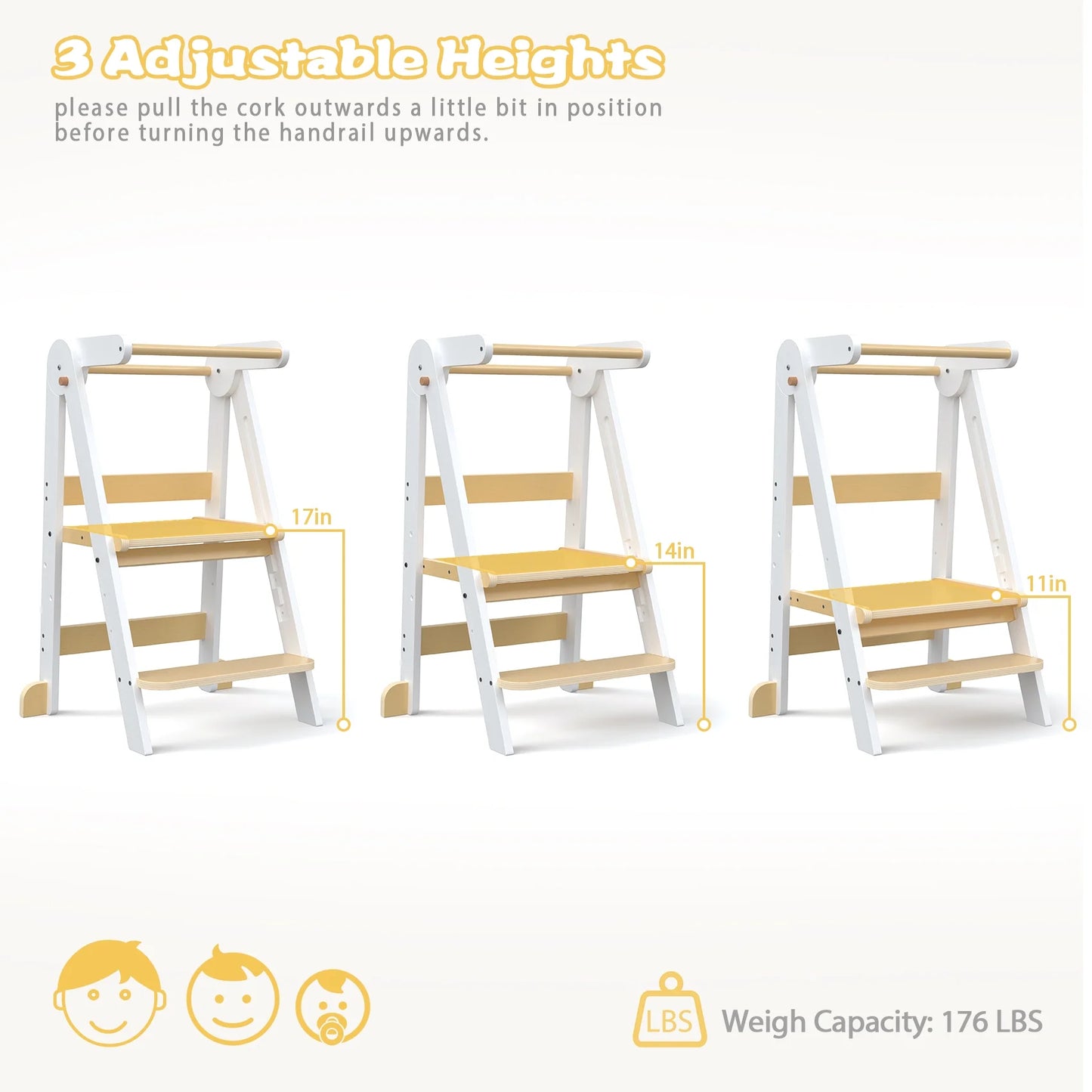 Kitchen Toddlers Step Stool, Montessori Kids Learning Stool, Foldable Toddler Tower for Counter, Standing Helper for Children, 3 Adjustable Heights, Wooden, White