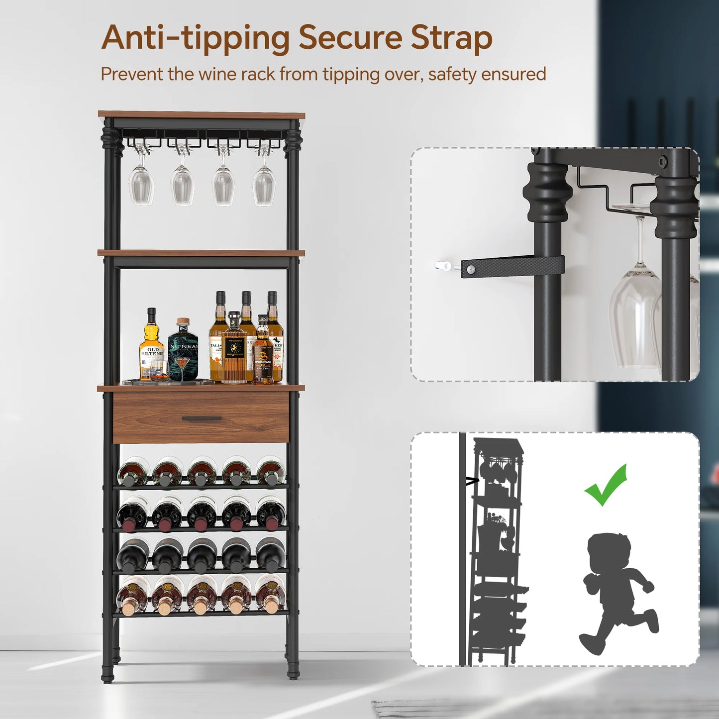 JOZ 4-Tier Wine Rack Cabinet Freestanding Floor, with Tabletop, Glass Holder, Storage Drawer and Wine Storage, for Liquor and Glasses