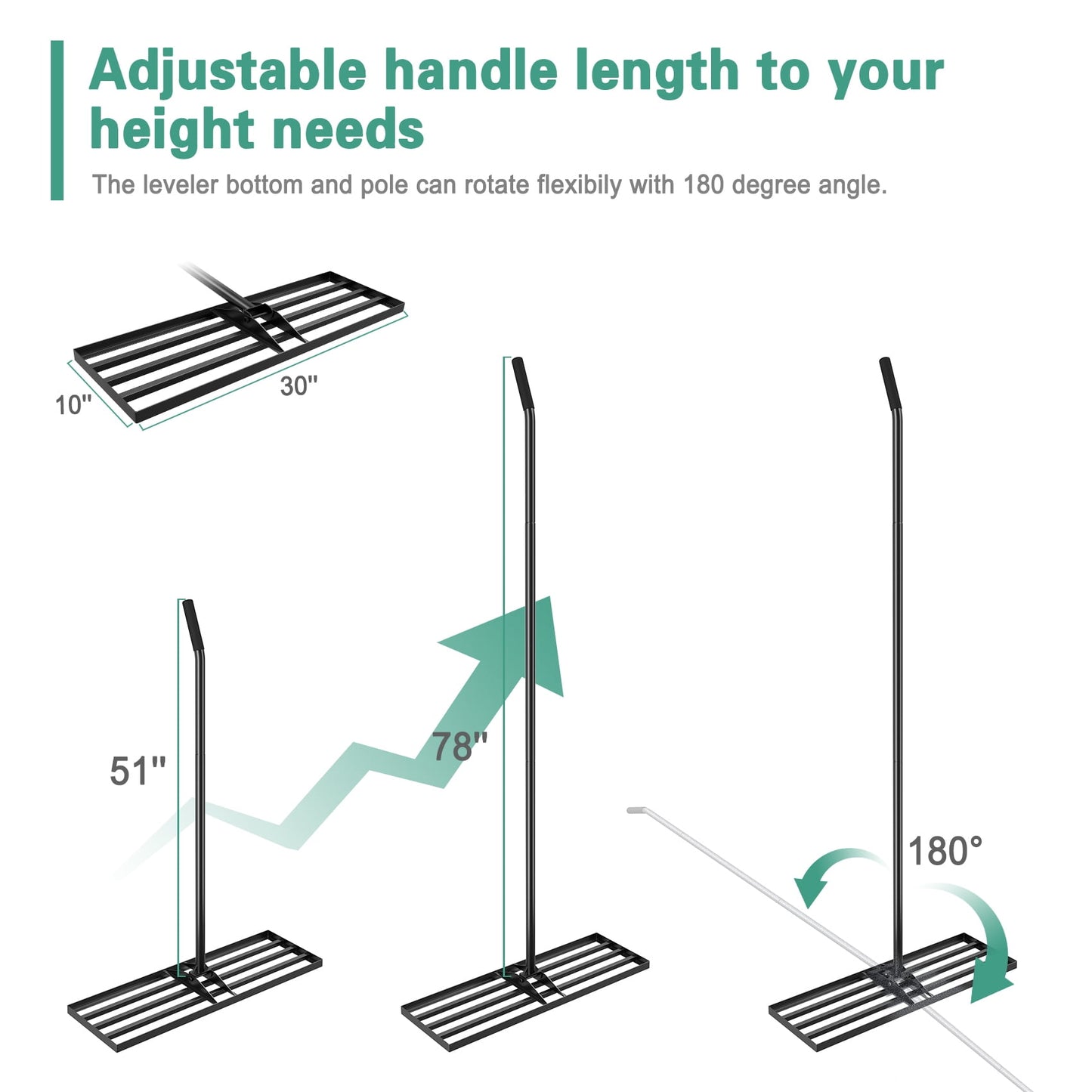 Mr IRONSTONE 30" x 10" Stainless Steel Lawn Leveler Tool with 77 inch Handle, Grass & Sand Gravel Leveler Rake, Black