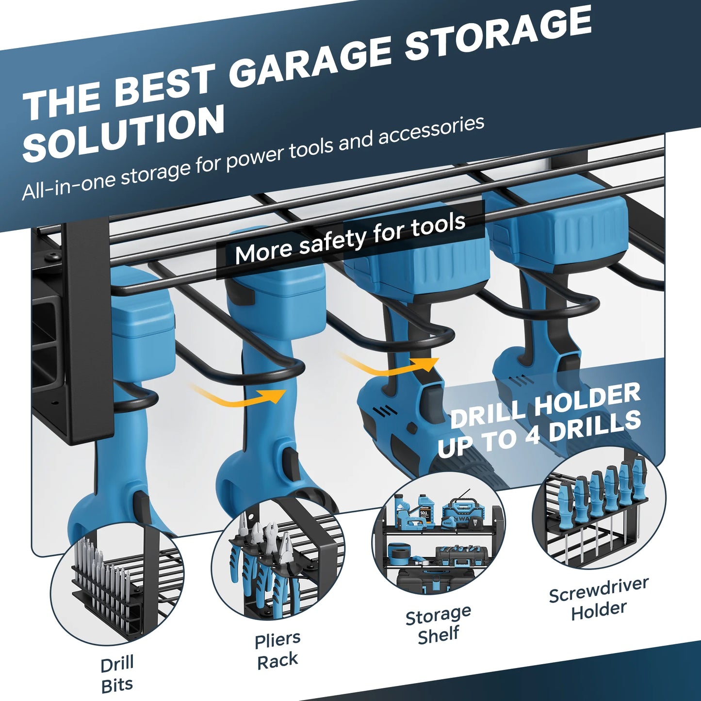 JOZ Power Tool Organizer Rack Wall Mounted, 4 Layers Storage Rack with 4 Drill Holders, Heavy Duty Metal Floating Tool Shelf, for Workshop or Garage