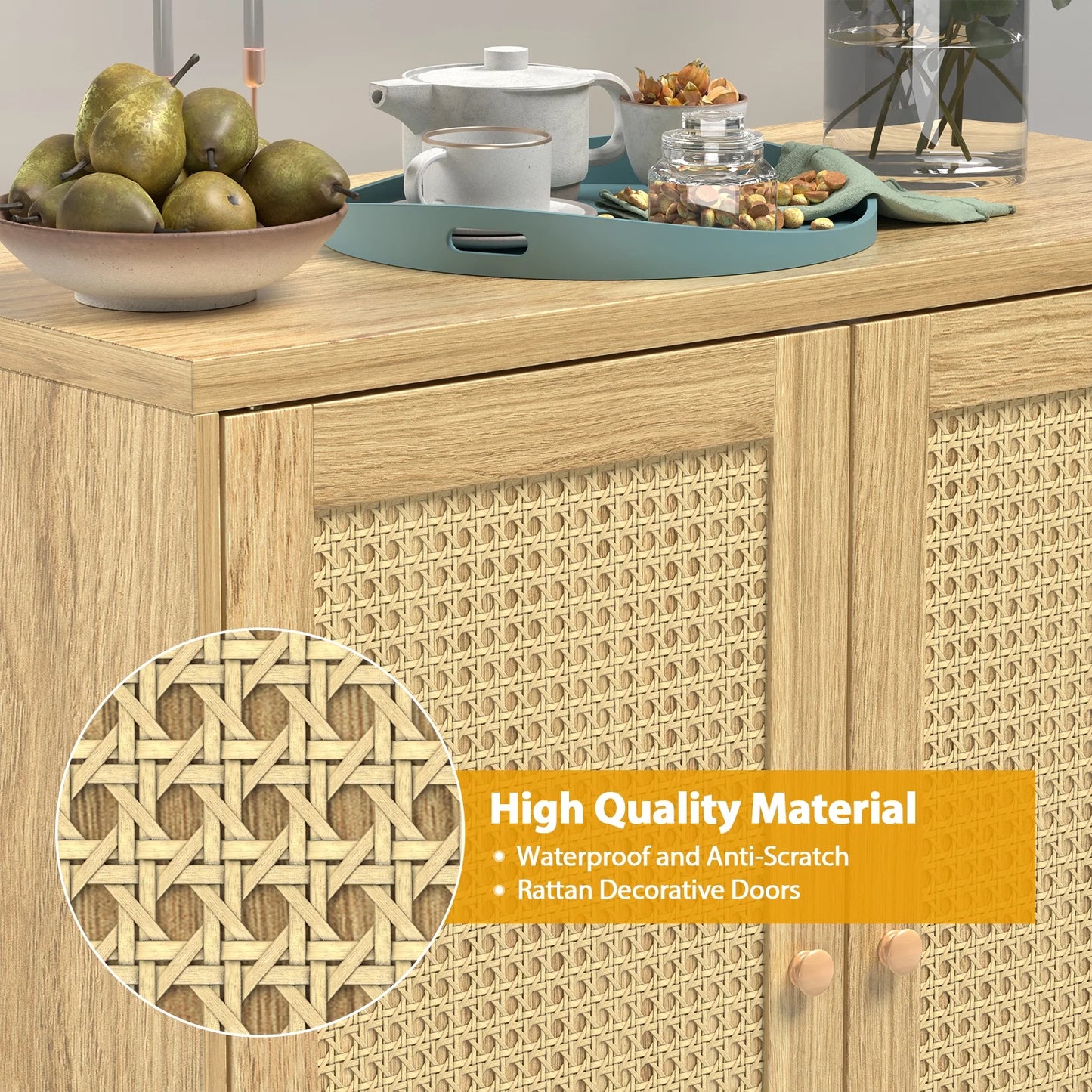 JOZ Wooden Sideboard Buffet Cabinet with Storage, Rattan Door and Solid Wood Feet, for Kitchen, Hallway, Entry and Living Room, Natural