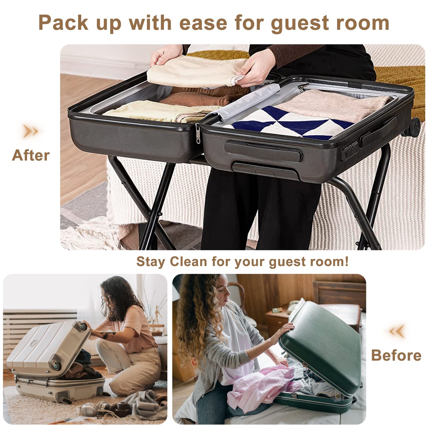 Mr IRONSTONE Luggage Rack Pack of 2, Folding Metal Suitcase Stand with Nylon Straps and Steel Frame, for Guest Room, Hotel, Bedroom, Steel Frame, Holds up to 130 lb, Black