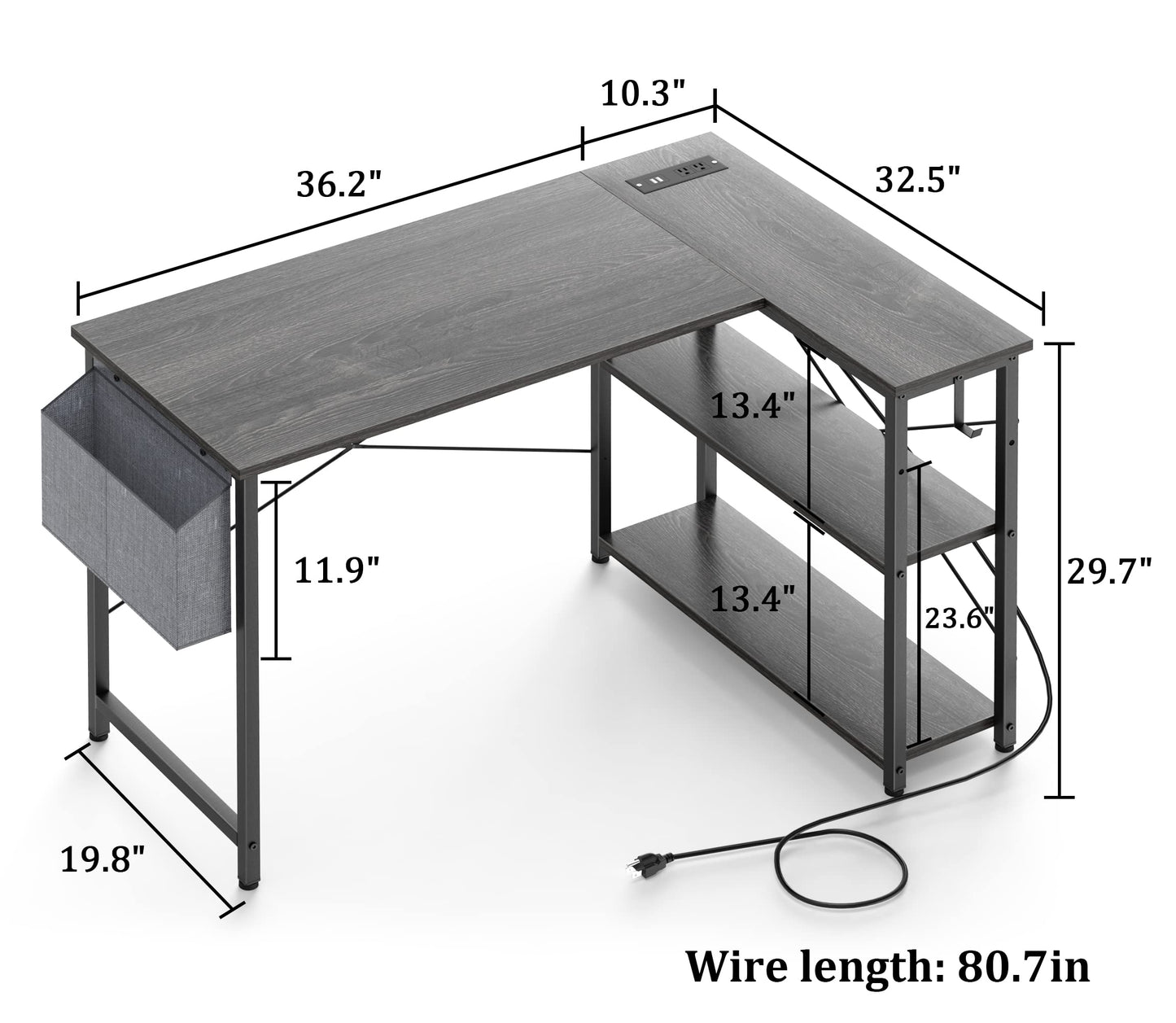 Mr IRONSTONE L Shaped Desk with Outlets & USB Ports, Reversible 47 Inch Office Desk, Corner Desk for Small Space, Home Office Desk with Storage Bag & Hook, Black Oak