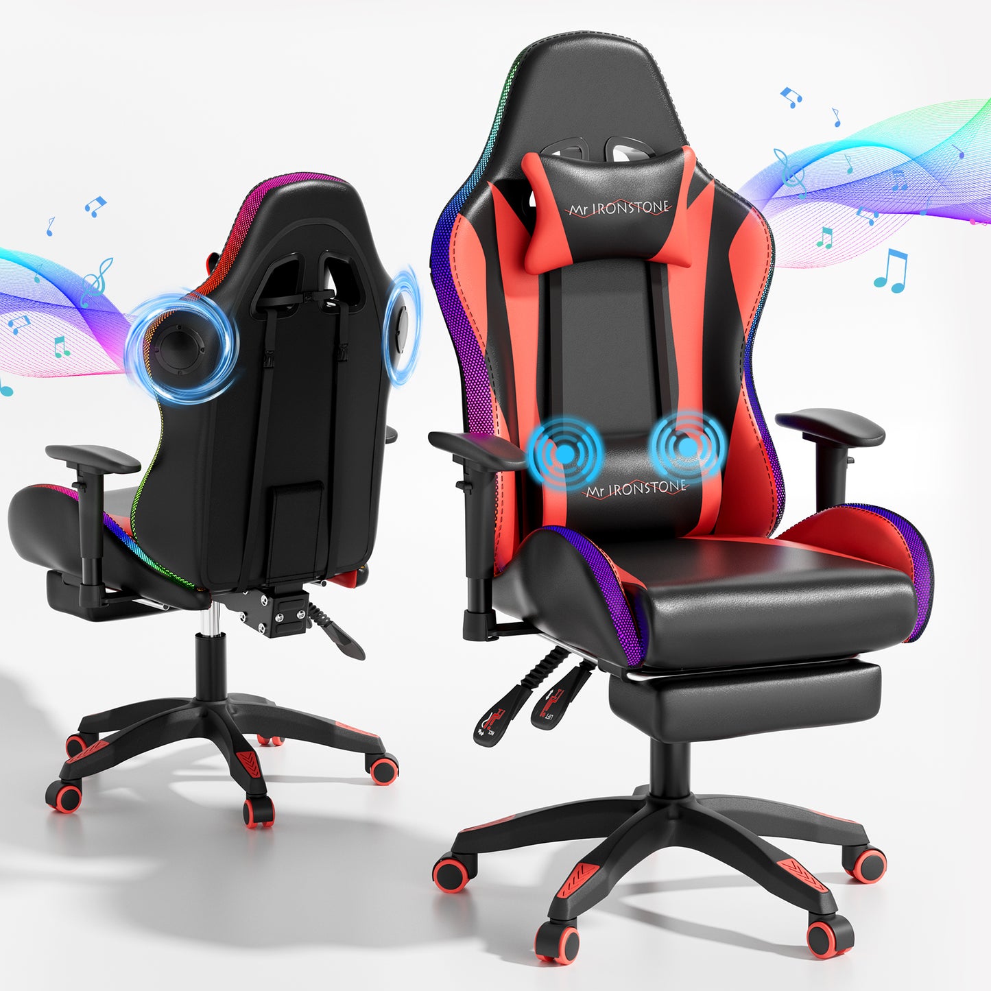 Mr IRONSTONE Gaming Chair with Bluetooth Speakers and RGB LED Lights, Ergonomic Massage Computer Chair with 3D Armrests and Footrest, Red/Black