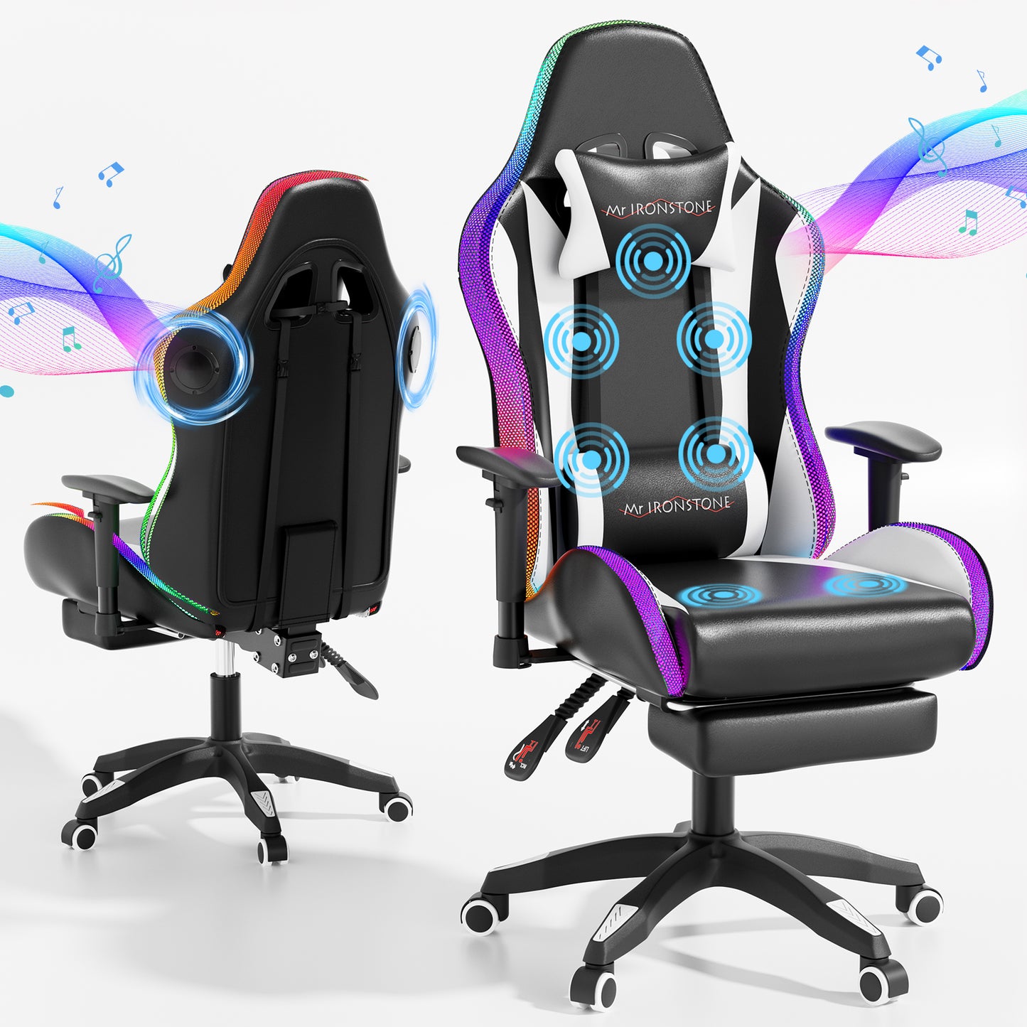 Mr IRONSTONE Gaming Chair for Adults, 7 Point Massage Computer Chair with Bluetooth Speakers RGB, Heavy Duty 300lbs Ergonomic PC Chair with 3D Armrests Footrest, Black/White