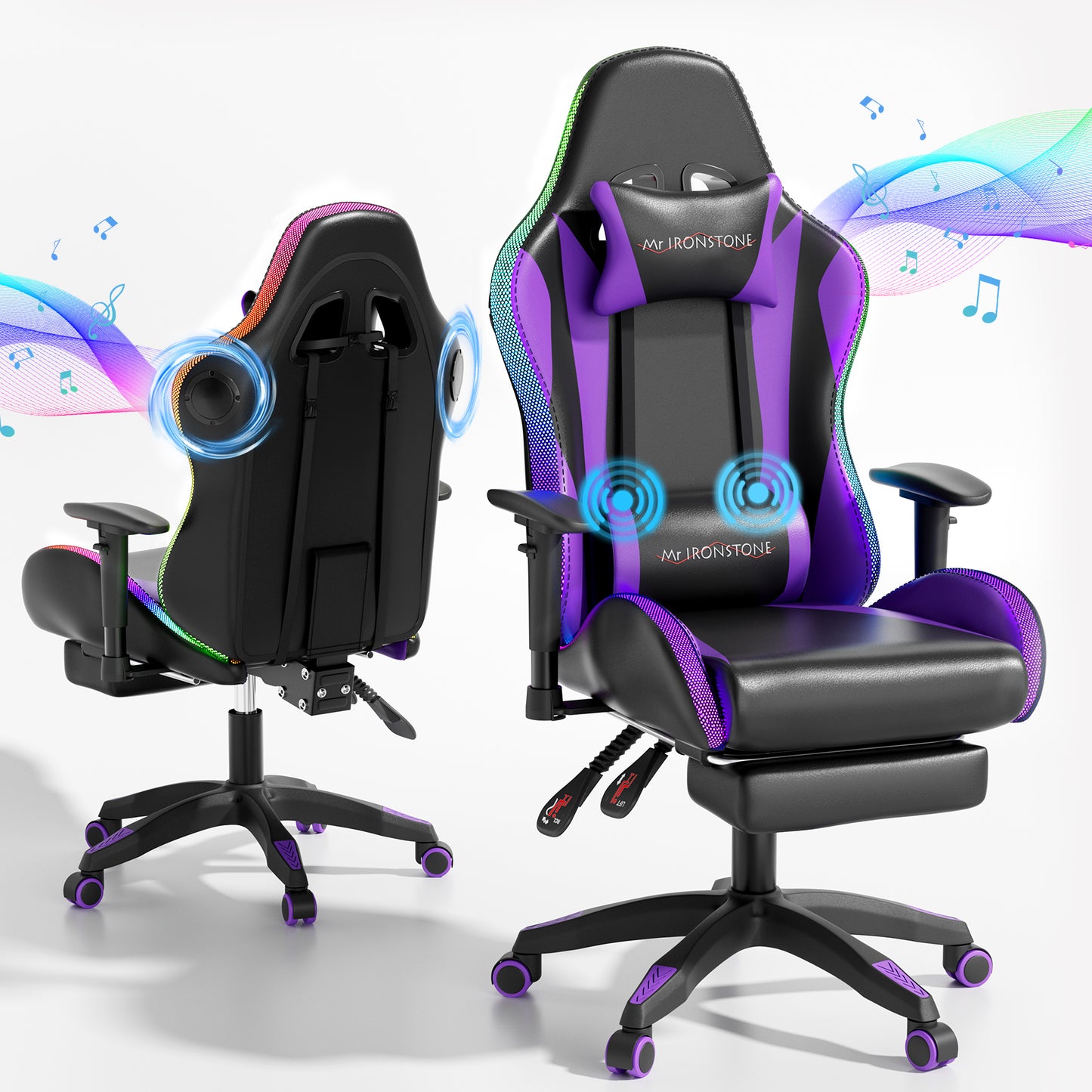 Mr IRONSTONE Gaming Chair with Bluetooth Speakers and RGB LED Lights, Ergonomic Massage Computer Chair with 3D Armrests and Footrest, Purple/Black