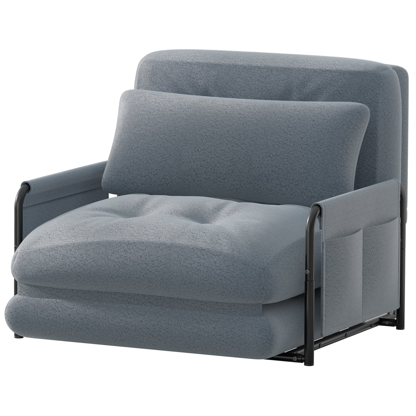 Mr IRONSTONE Convertible Chair Bed, Foldable Lazy Sofa Sleeper Chair with Metal Frame and Armrests, 5-Position Adjustable Lounge Chair with Side Pockets, Grey