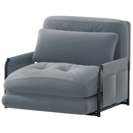 Mr IRONSTONE Convertible Chair Bed, Foldable Lazy Sofa Sleeper Chair with Metal Frame and Armrests, 5-Position Adjustable Lounge Chair with Side Pockets, Grey