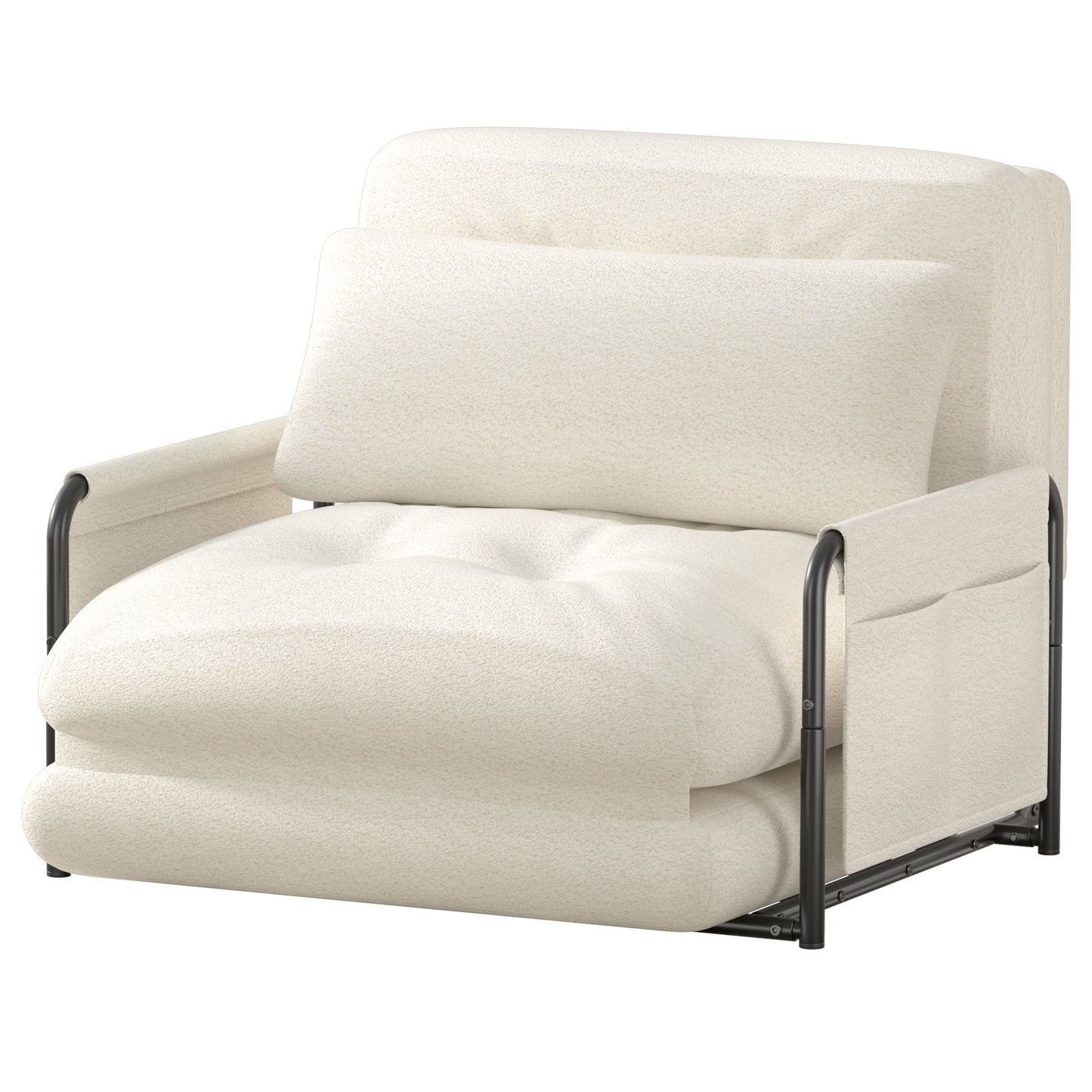 Mr IRONSTONE Convertible Chair Bed, Foldable Lazy Sofa Sleeper Chair with Metal Frame and Armrests, 5-Position Adjustable Lounge Chair with Side Pockets, White