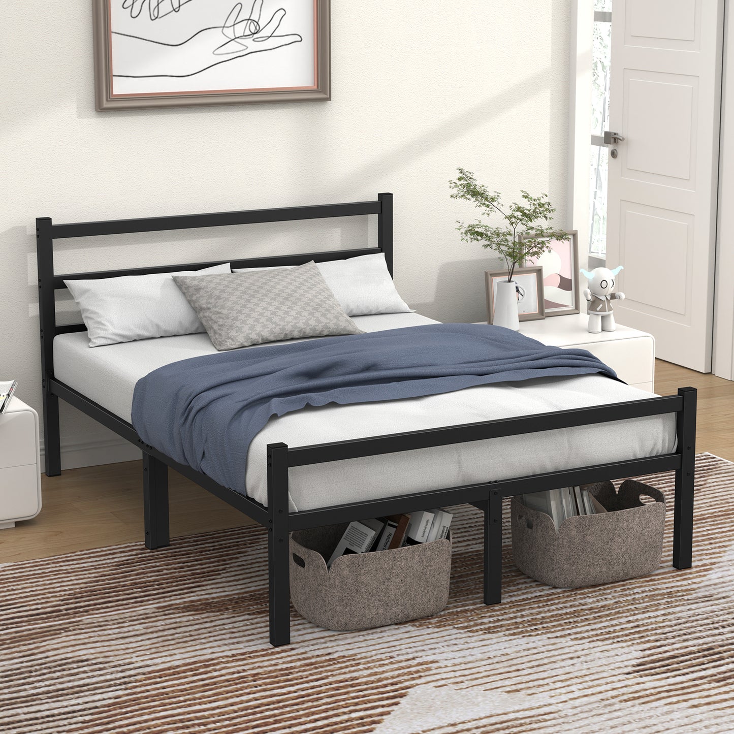 Mr IRONSTONE Full Bed Frame, 14" High Full Size Metal Platform Bed Frame with Headboard and Footboard with Storage, No Box Spring Needed, Black