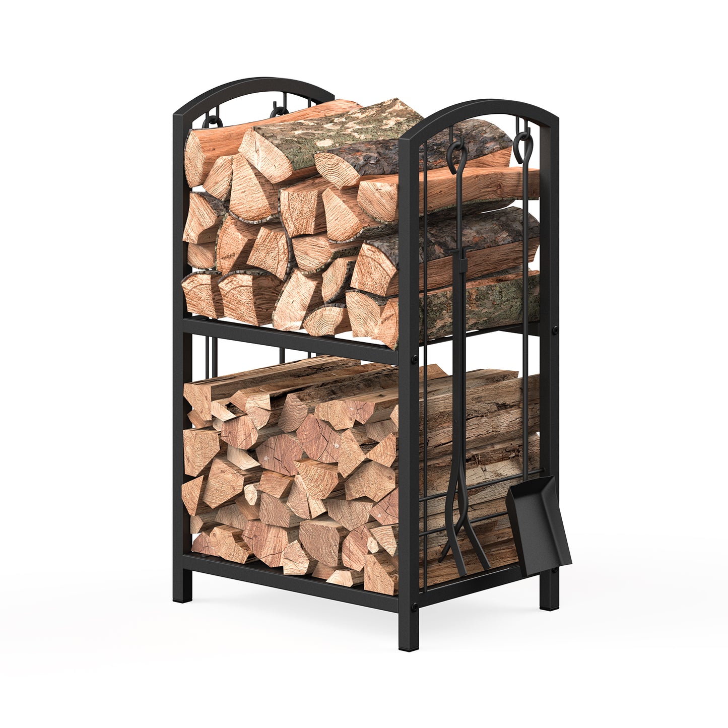 Mr IRONSTONE Firewood Rack with Fireplace Tools set, Fireplace Tool Rack for Indoor Outdoor Fire Log Holder Wrought Iron Large Wood Stove with Firepit Tools, Brush, Shovel, Poker, Tongs, Black