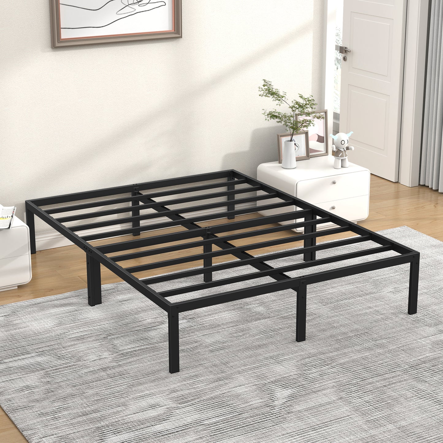 Mr IRONSTONE Queen Bed Frame, Heavy Duty Queen Size Metal Platform Bed Frame, 14" High with Storage, No Box Spring Needed, Black